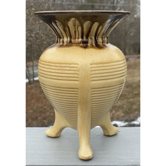 Antique Early 20th C. TECO Ribbed Tripod Footed Yellow Glazed Art Deco Pottery - Picture 1 of 16